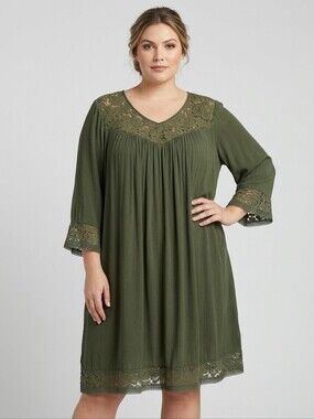 Sharagano Olive Green Floral Lace Yoke Flowy Boho Tunic Dress Plus Size 3X